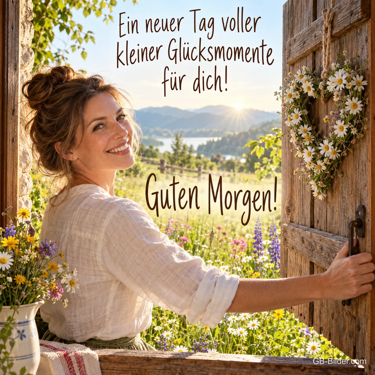 Lächelnde Frau öffnet einen Fensterladen mit Gänseblümchenherz zur Blumenwiese, Text: Ein neuer Tag voller kleiner Glücksmomente für dich! Guten Morgen!