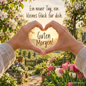 Zwei Hände formen ein Herz über einem blühenden Garten mit Tulpen, Text: Ein neuer Tag, ein kleines Glück für dich. Guten Morgen!