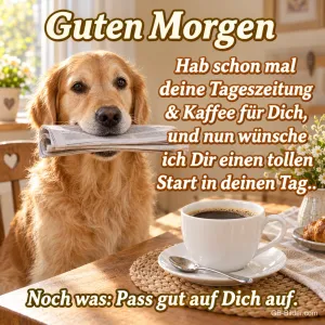Golden Retriever bringt die Zeitung neben einer Kaffeetasse, Text: Guten Morgen – Hab schon mal deine Tageszeitung & Kaffee für Dich, und nun wünsche ich Dir einen tollen Start in deinen Tag. Noch was: Pass gut auf Dich auf.