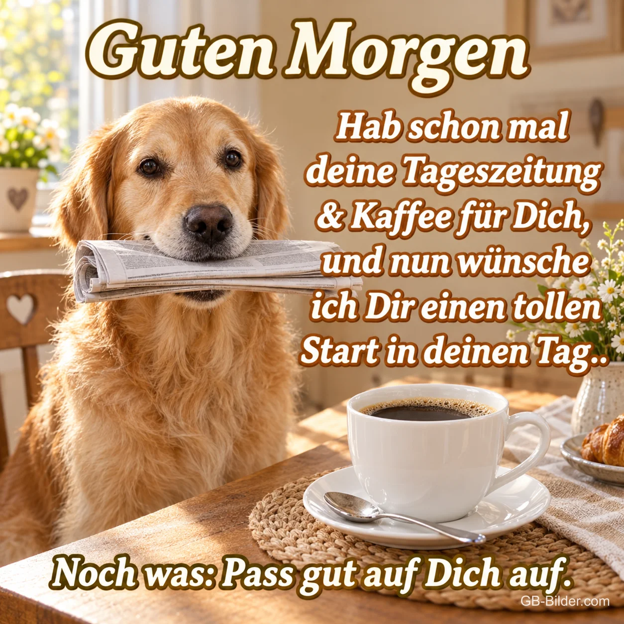 Golden Retriever bringt die Zeitung neben einer Kaffeetasse, Text: Guten Morgen – Hab schon mal deine Tageszeitung & Kaffee für Dich, und nun wünsche ich Dir einen tollen Start in deinen Tag. Noch was: Pass gut auf Dich auf.