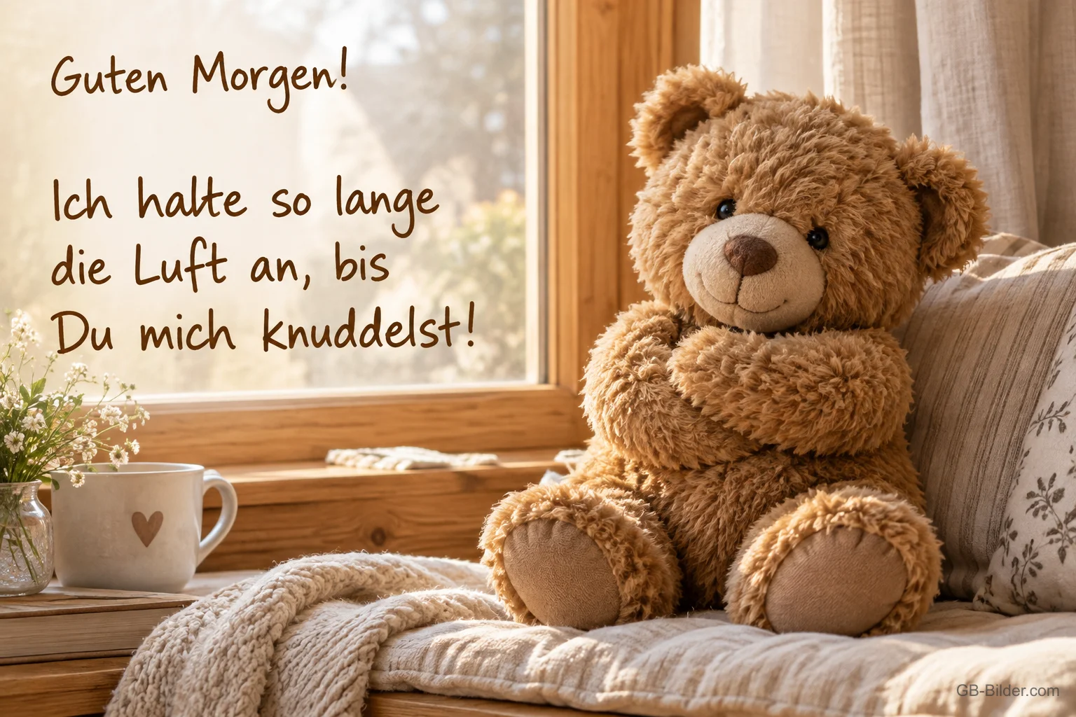 Teddybär mit verschränkten Armen am Fenster, Text: Guten Morgen! Ich halte so lange die Luft an, bis Du mich knuddelst! Teddybär mit verschränkten Armen am Fenster, Text: Guten Morgen! Ich halte so lange die Luft an, bis Du mich knuddelst!