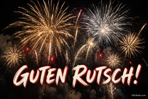 Goldenes Feuerwerk am Nachthimmel, Text: Guten Rutsch!