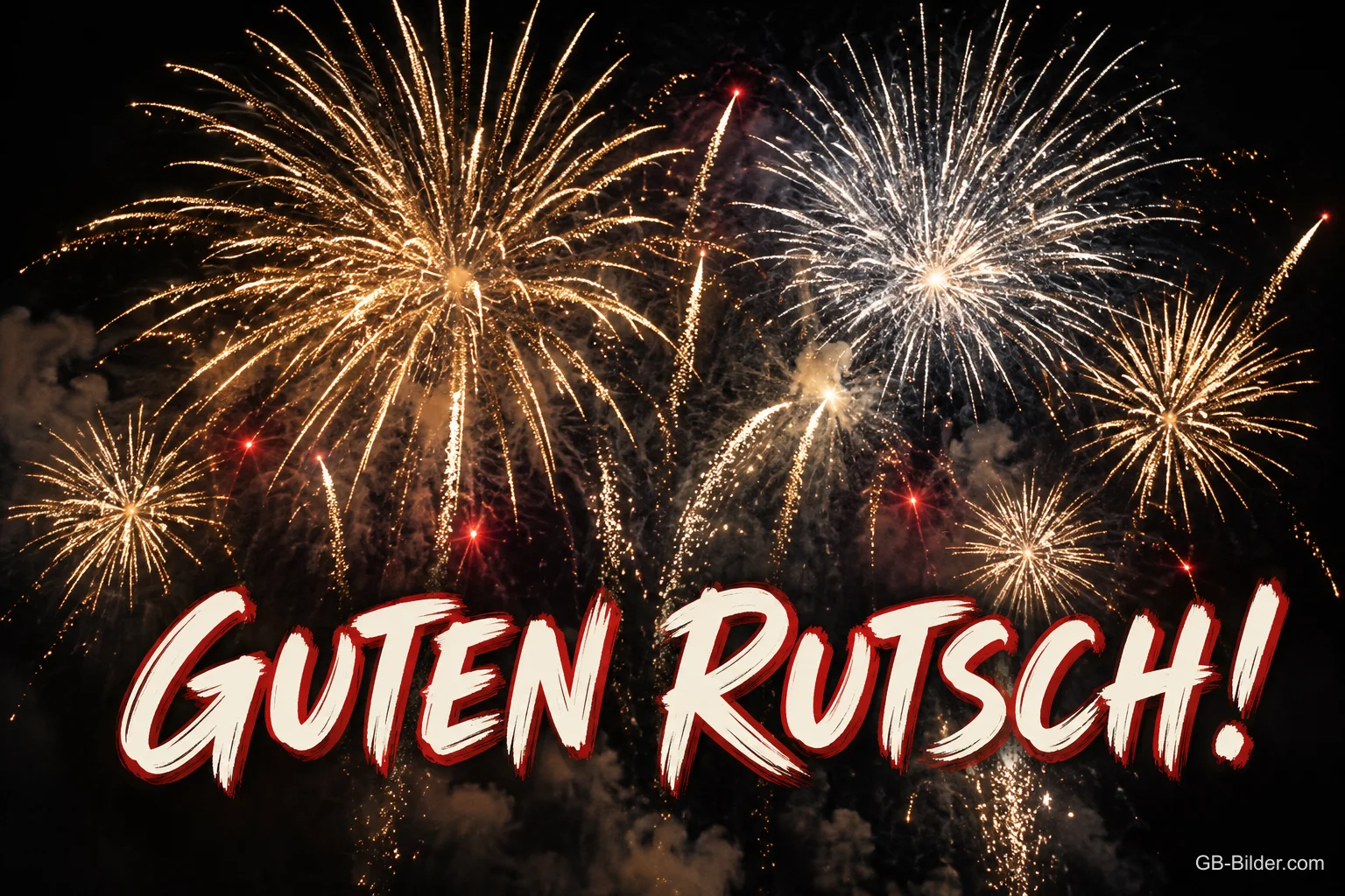 Goldenes Feuerwerk am Nachthimmel, Text: Guten Rutsch!