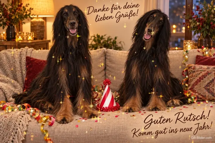 Zwei Afghanen sitzen auf dem Sofa mit Partyhut, Text: Danke für deine lieben Grüße! – Guten Rutsch! Komm gut ins neue Jahr!
