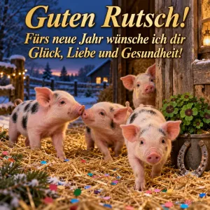 Vier Ferkel mit Hufeisen und Kleeblatt im Stroh, Text: Guten Rutsch! – Fürs neue Jahr wünsche ich dir Glück, Liebe und Gesundheit!