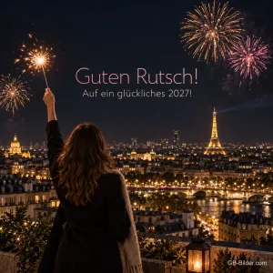 Frau hält eine Wunderkerze über Paris mit Feuerwerk, Text: Guten Rutsch! – Auf ein glückliches 2027!