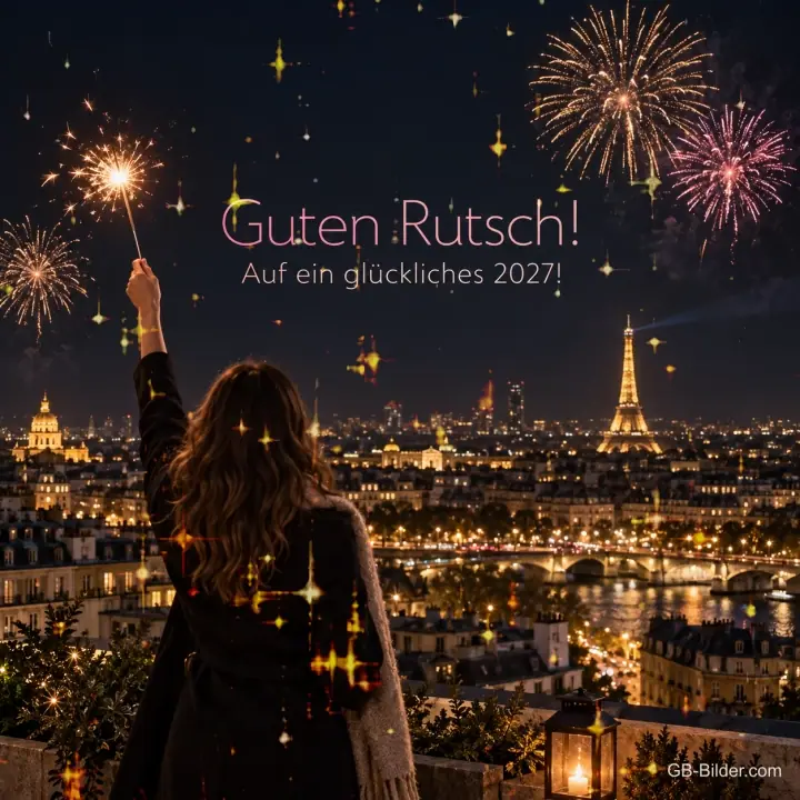 Frau hält eine Wunderkerze über Paris mit Feuerwerk, Text: Guten Rutsch! – Auf ein glückliches 2027!