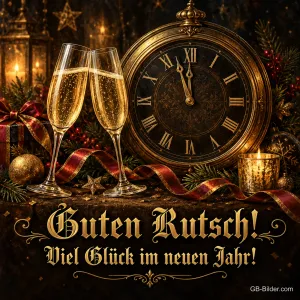 Zwei Sektgläser vor einer Uhr kurz vor Mitternacht, Text: Guten Rutsch! – Viel Glück im neuen Jahr!