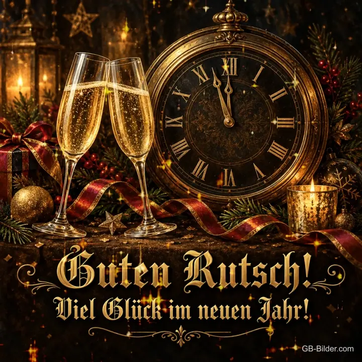 Zwei Sektgläser vor einer Uhr kurz vor Mitternacht, Text: Guten Rutsch! – Viel Glück im neuen Jahr!