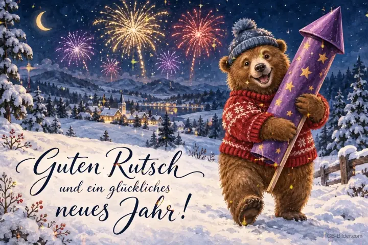 Bär mit Mütze und Pullover trägt eine Rakete durch den Schnee, Text: Guten Rutsch – und ein glückliches neues Jahr!