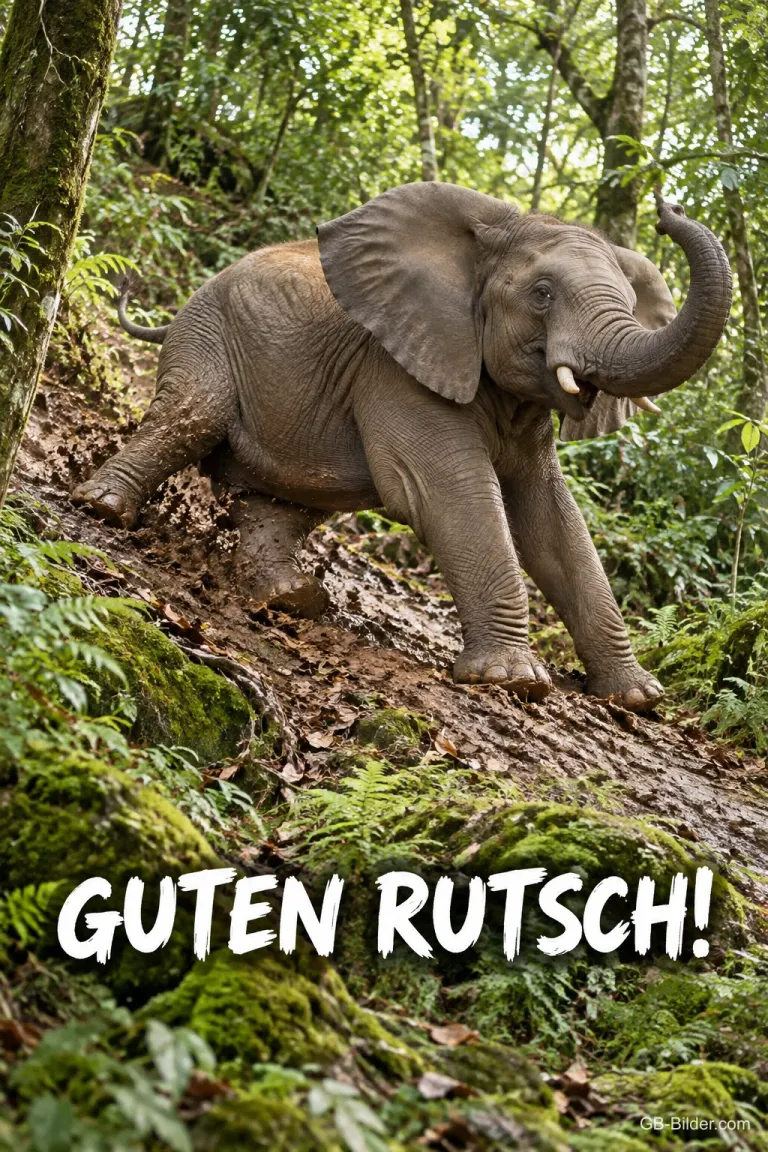 Elefantenkalb rutscht einen matschigen Waldhang hinunter, Text: GUTEN RUTSCH!