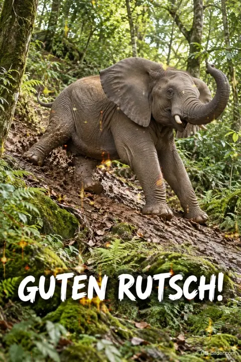 Elefantenkalb rutscht einen matschigen Waldhang hinunter, Text: GUTEN RUTSCH!