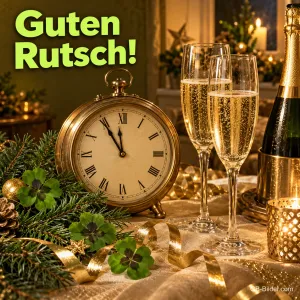 Taschenuhr kurz vor Mitternacht, Sektgläser und Kleeblätter, Text: Guten Rutsch!