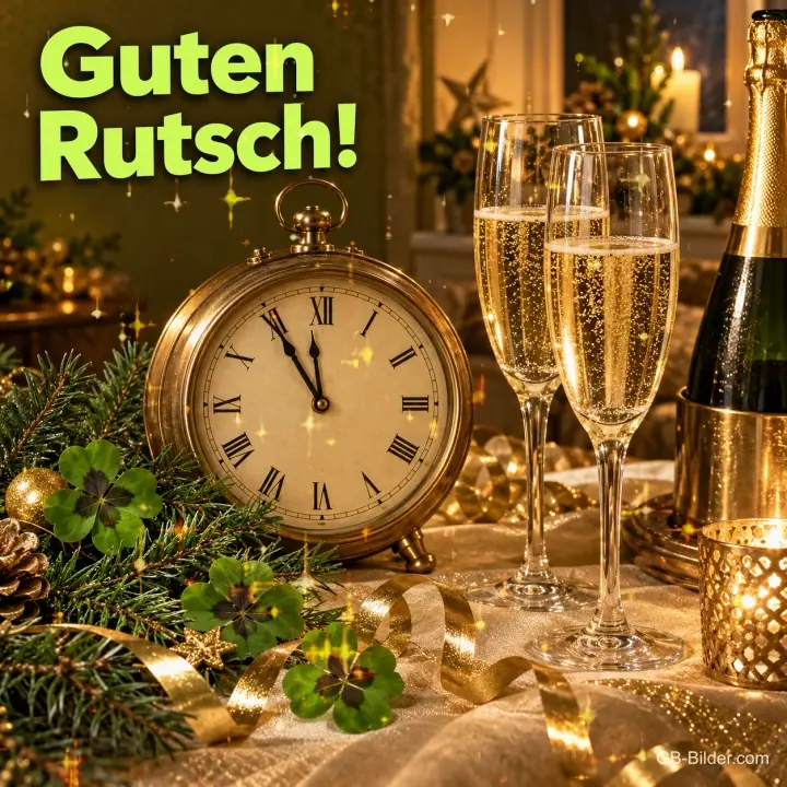 Taschenuhr kurz vor Mitternacht, Sektgläser und Kleeblätter, Text: Guten Rutsch!
