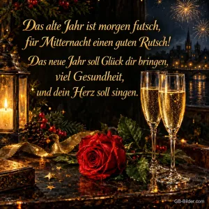 Zwei Sektgläser mit roter Rose vor Feuerwerk, Text: Das alte Jahr ist morgen futsch, für Mitternacht einen guten Rutsch! Das neue Jahr soll Glück dir bringen, viel Gesundheit, und dein Herz soll singen.