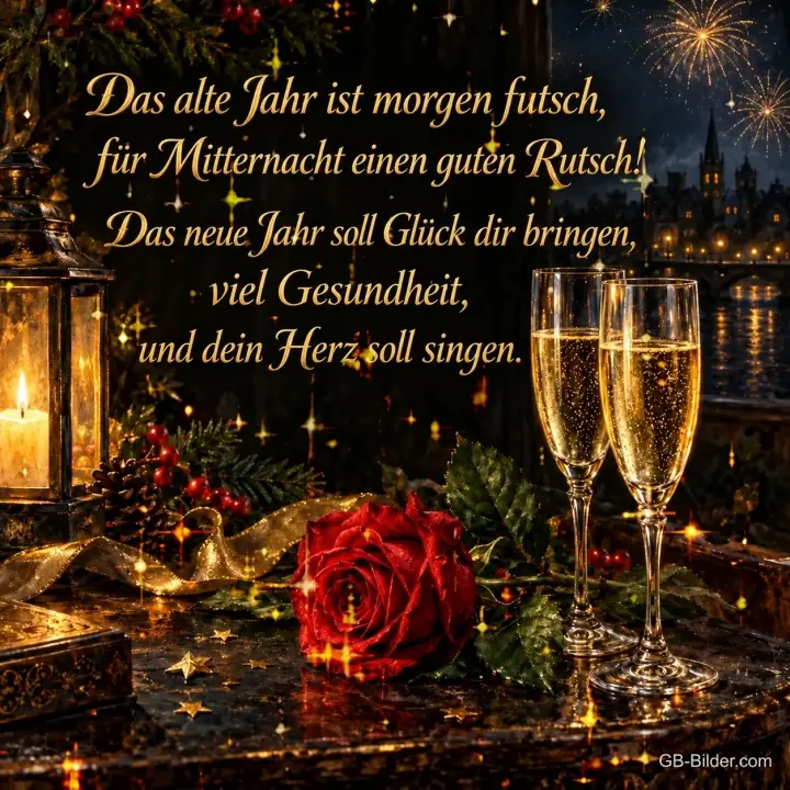 Zwei Sektgläser mit roter Rose vor Feuerwerk, Text: Das alte Jahr ist morgen futsch, für Mitternacht einen guten Rutsch! Das neue Jahr soll Glück dir bringen, viel Gesundheit, und dein Herz soll singen.