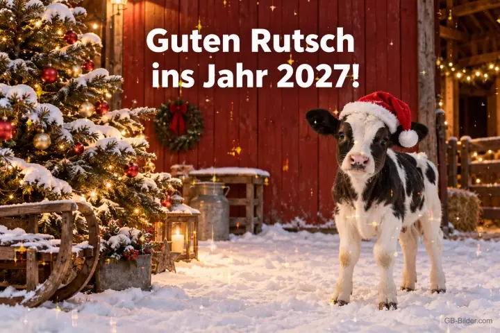 Kalb mit Weihnachtsmütze vor einer verschneiten Scheune, Text: Guten Rutsch ins Jahr 2027!