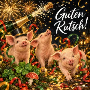 Drei Ferkel mit Zylinder zwischen Luftschlangen und Feuerwerk, Text: Guten Rutsch!