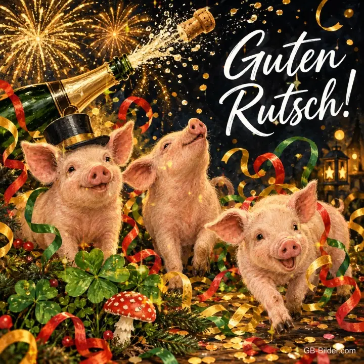 Drei Ferkel mit Zylinder zwischen Luftschlangen und Feuerwerk, Text: Guten Rutsch!
