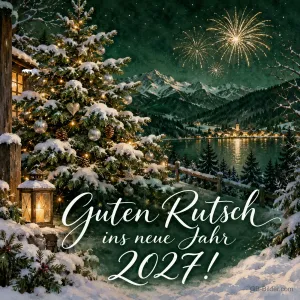 Leuchtender Tannenbaum im Schnee vor Feuerwerk über dem See, Text: Guten Rutsch ins neue Jahr 2027!