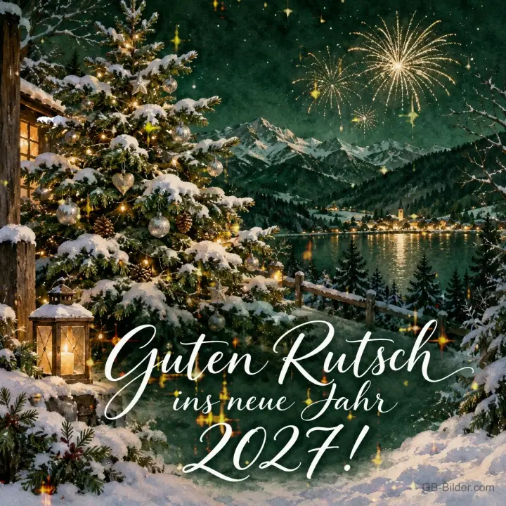 Leuchtender Tannenbaum im Schnee vor Feuerwerk über dem See, Text: Guten Rutsch ins neue Jahr 2027!