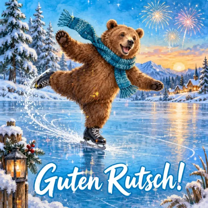 Bär mit Schal läuft Schlittschuh auf einem See unter Feuerwerk, Text: Guten Rutsch!