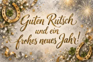 Goldene Hufeisen, Kleeblätter und Feuerwerk, Text: Guten Rutsch – und ein frohes neues Jahr!
