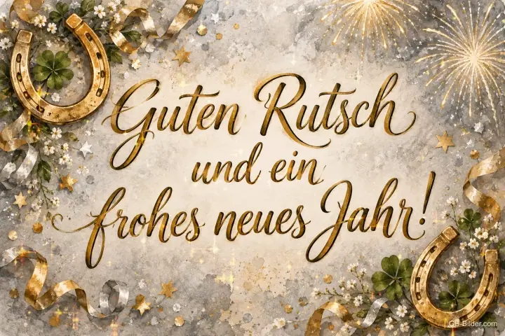 Goldene Hufeisen, Kleeblätter und Feuerwerk, Text: Guten Rutsch – und ein frohes neues Jahr!