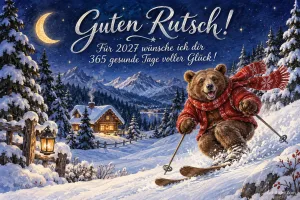 Bär im roten Pullover fährt Ski im Winterwald, Text: Guten Rutsch! – Für 2027 wünsche ich dir 365 gesunde Tage voller Glück!