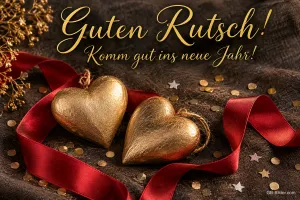 Zwei goldene Herzen auf rotem Band zwischen Konfetti, Text: Guten Rutsch! – Komm gut ins neue Jahr!