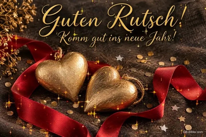Zwei goldene Herzen auf rotem Band zwischen Konfetti, Text: Guten Rutsch! – Komm gut ins neue Jahr!