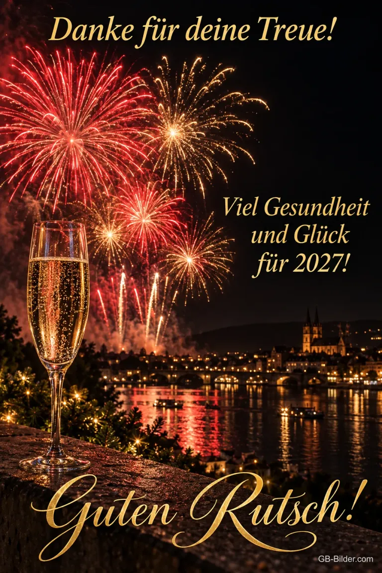 Sektglas vor Feuerwerk über einer Stadt am Fluss, Text: Danke für deine Treue! – Viel Gesundheit und Glück für 2027! Guten Rutsch!