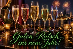 Fünf Sektgläser vor Feuerwerk über der Stadt, Text: Guten Rutsch ins neue Jahr!