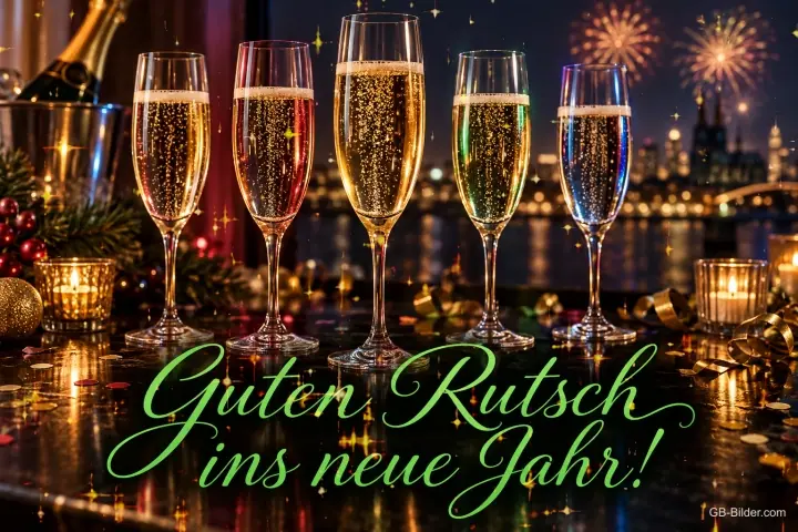 Fünf Sektgläser vor Feuerwerk über der Stadt, Text: Guten Rutsch ins neue Jahr!