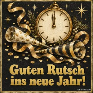 Goldene Uhr kurz vor Mitternacht mit Partytröten und Luftschlangen, Text: Guten Rutsch ins neue Jahr!