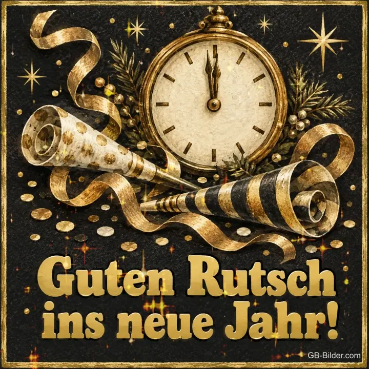 Goldene Uhr kurz vor Mitternacht mit Partytröten und Luftschlangen, Text: Guten Rutsch ins neue Jahr!