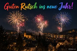 Feuerwerk über einer Kleinstadt mit Kirche bei Nacht, Text: Guten Rutsch ins neue Jahr!