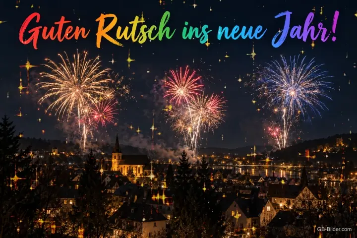 Feuerwerk über einer Kleinstadt mit Kirche bei Nacht, Text: Guten Rutsch ins neue Jahr!