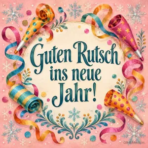 Bunte Partytröten und Luftschlangen um die Schrift, Text: Guten Rutsch ins neue Jahr!