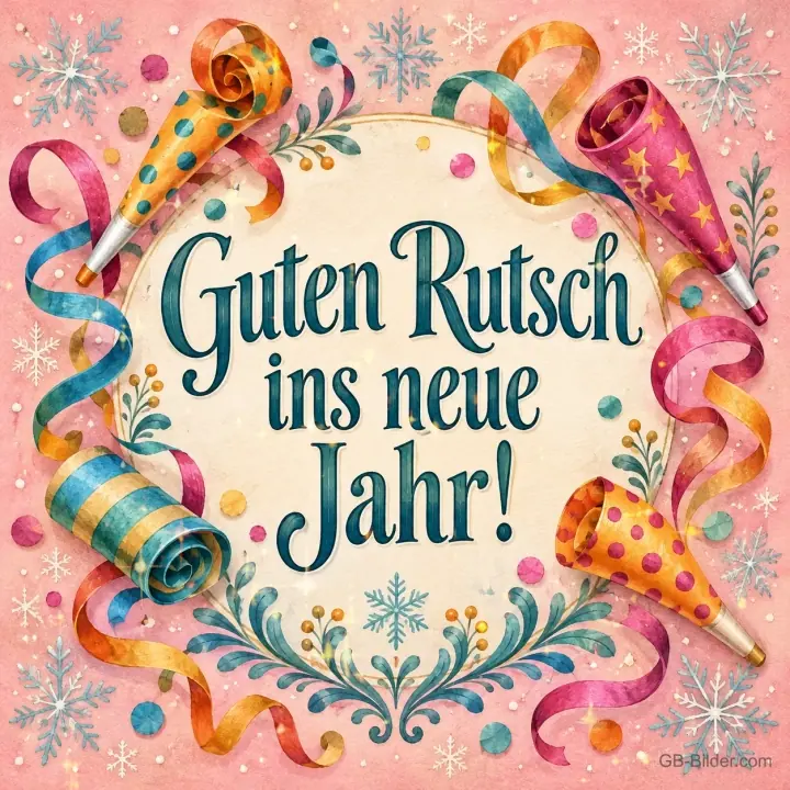 Bunte Partytröten und Luftschlangen um die Schrift, Text: Guten Rutsch ins neue Jahr!