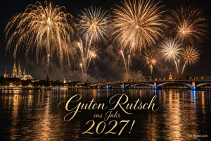 Goldenes Feuerwerk über einer Stadt am Fluss mit Brücke, Text: Guten Rutsch – ins Jahr 2027!