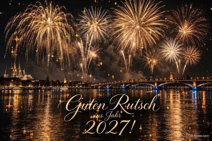 Goldenes Feuerwerk über einer Stadt am Fluss mit Brücke, Text: Guten Rutsch – ins Jahr 2027!