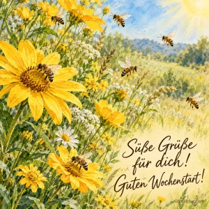 Bienen fliegen über gelbe Blumen auf einer Sommerwiese, Text: Süße Grüße für dich! – Guten Wochenstart!