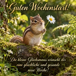 Streifenhörnchen hält ein Gänseblümchen im Wald, Text: Guten Wochenstart! – Die kleine Glücksmaus wünscht dir eine glückliche und gesunde neue Woche!