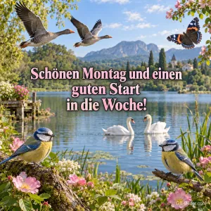 Wildgänse fliegen über einen Bergsee mit Schwänen, Blaumeisen auf Ästen, Text: Schönen Montag und einen guten Start – in die Woche!