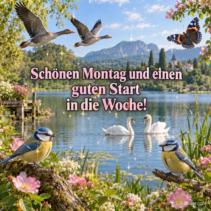 Wildgänse fliegen über einen Bergsee mit Schwänen, Blaumeisen auf Ästen, Text: Schönen Montag und einen guten Start – in die Woche!