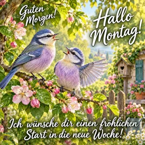 Zwei singende Blaumeisen auf einem blühenden Zweig, Text: Guten Morgen! Hallo Montag! – Ich wünsche dir einen fröhlichen Start in die neue Woche!