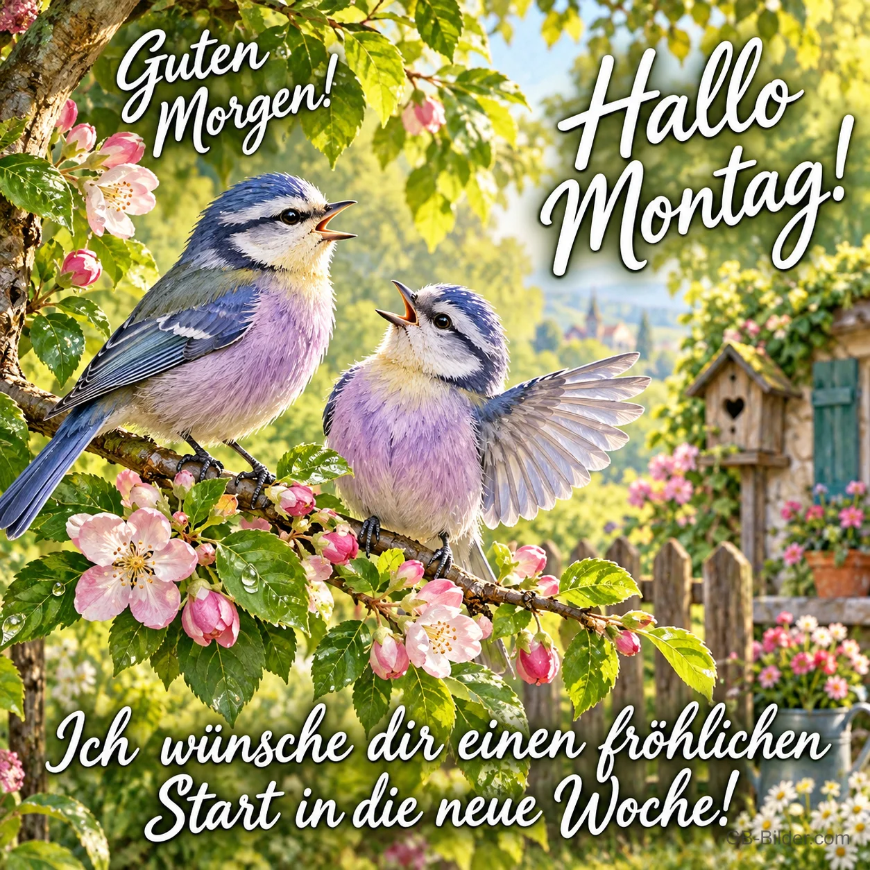 Zwei singende Blaumeisen auf einem blühenden Zweig, Text: Guten Morgen! Hallo Montag! – Ich wünsche dir einen fröhlichen Start in die neue Woche!