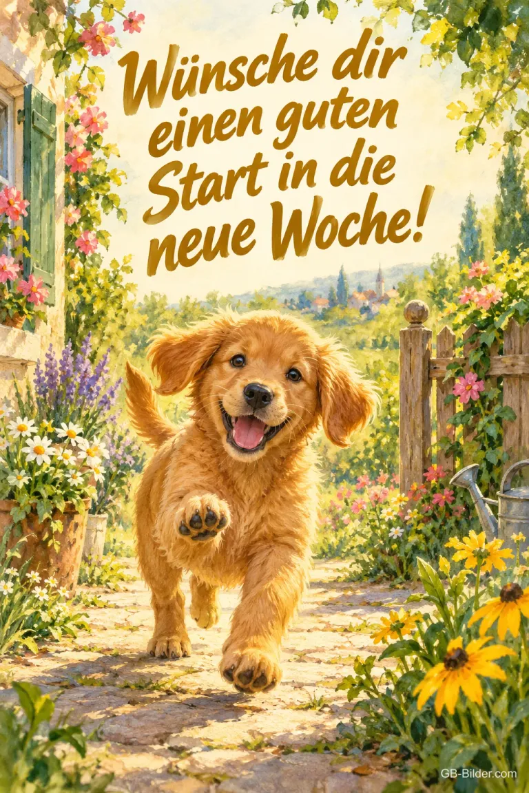 Golden-Retriever-Welpe läuft fröhlich durch einen Blumengarten, Text: Wünsche dir einen guten Start – in die neue Woche!