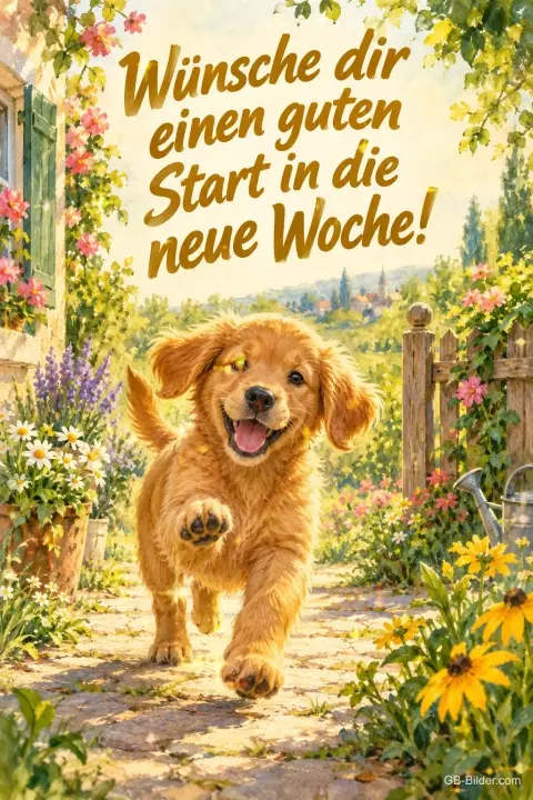 Golden-Retriever-Welpe läuft fröhlich durch einen Blumengarten, Text: Wünsche dir einen guten Start – in die neue Woche!